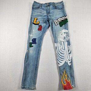 Lifted Anchors Burning Bridges Skeleton Jeans Mens 32 Blue Graphic Flame Patches